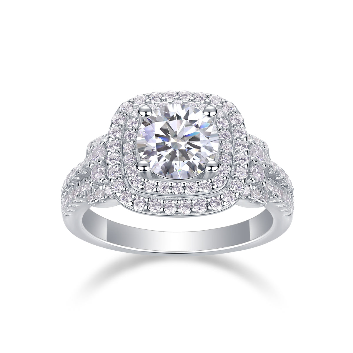 CARISSIE round moissanite engagement ring, direct front view showing the brilliant center stone and concentric halos