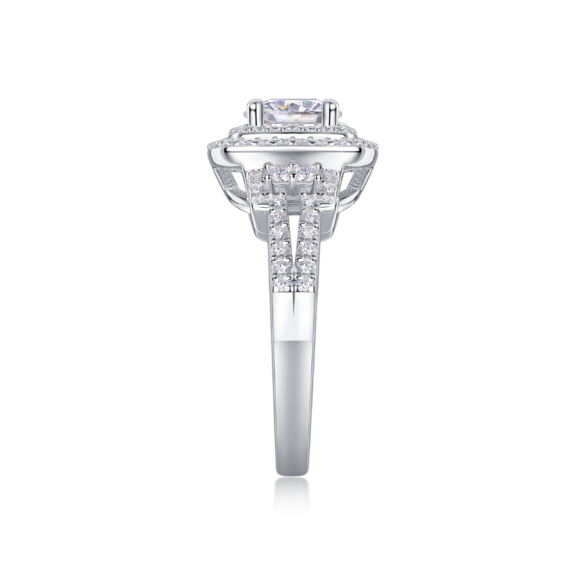 CARISSIE round moissanite halo ring, side profile displaying the gallery rail and pavé-set split shank design