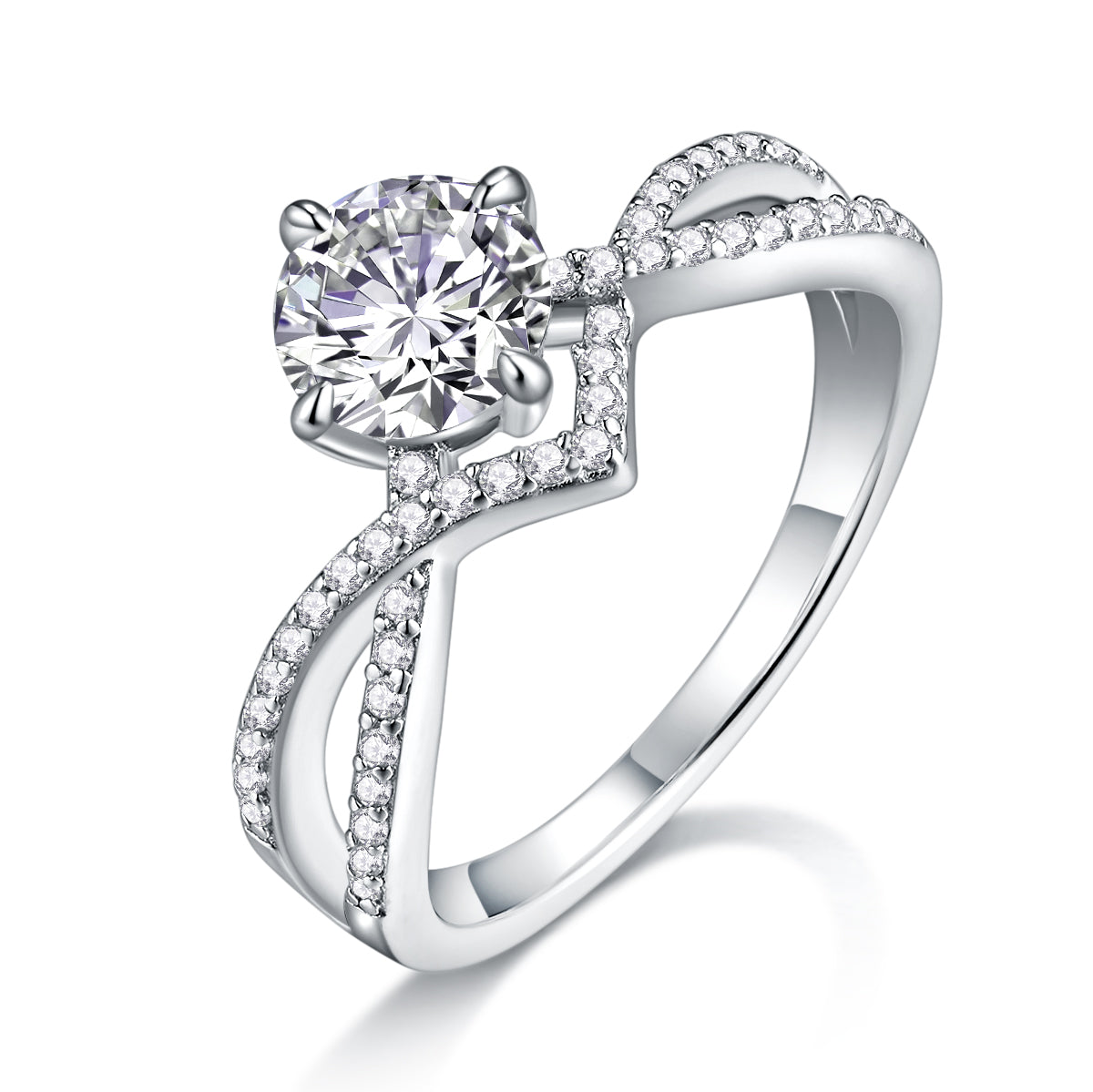 CARISSIE round moissanite solitaire ring, angled view showing split shank band with pavé accents and four-prong setting