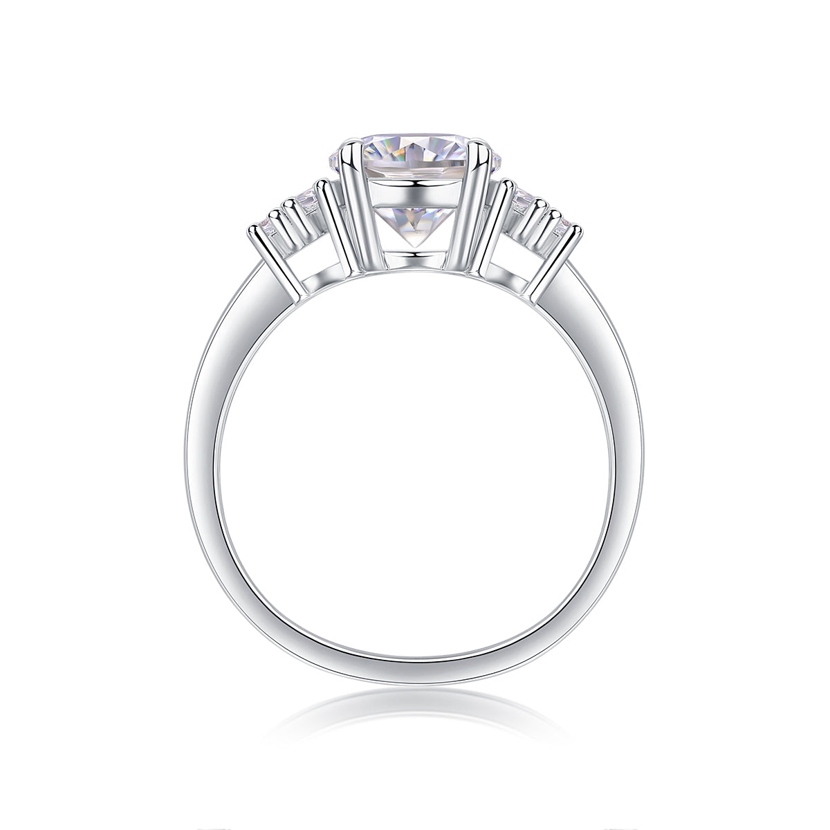 CARISSIE round moissanite wedding ring, interior view displaying the smooth silver band and secure prong setting structure