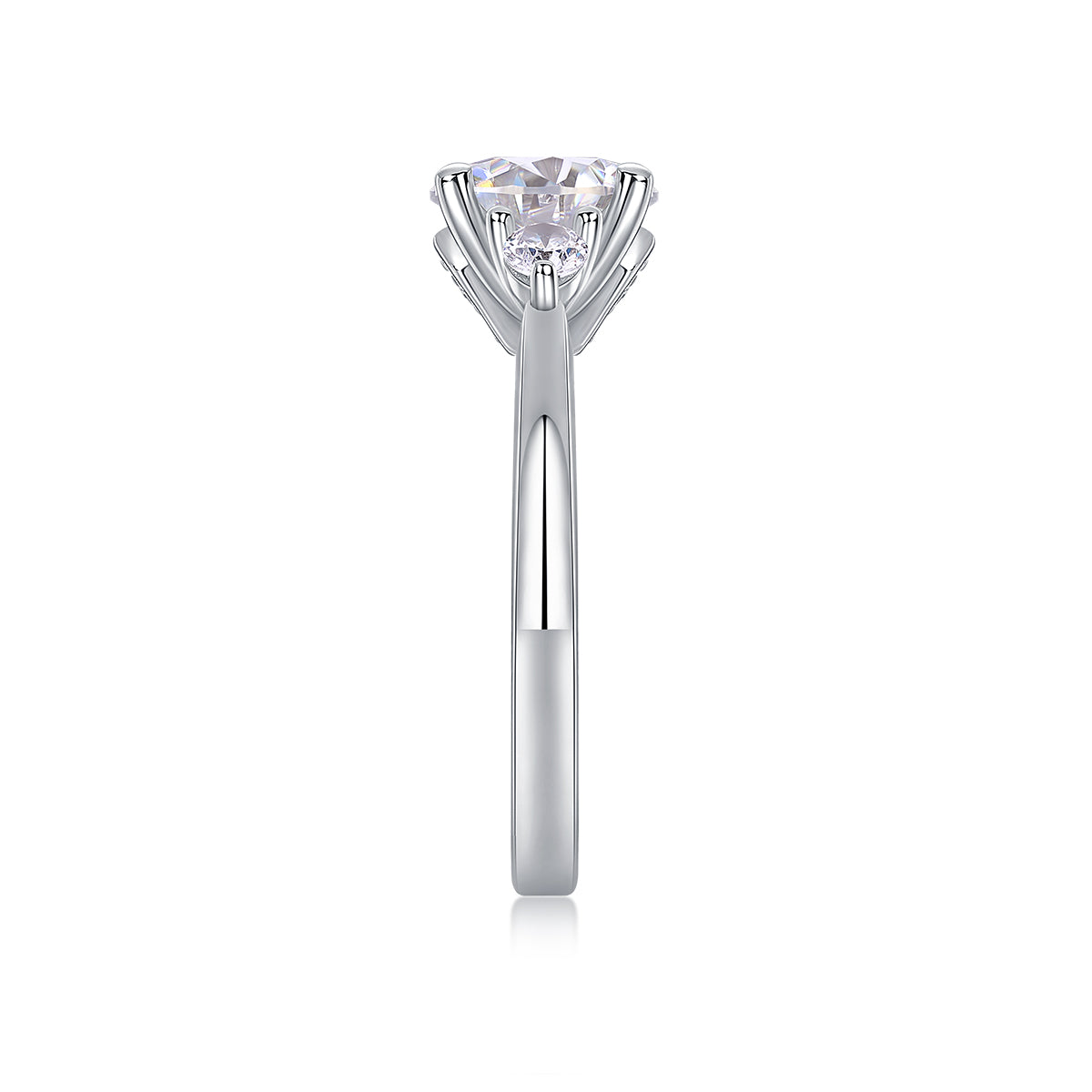 CARISSIE round moissanite ring, side profile displaying the smooth shank taper and vertical height of the setting