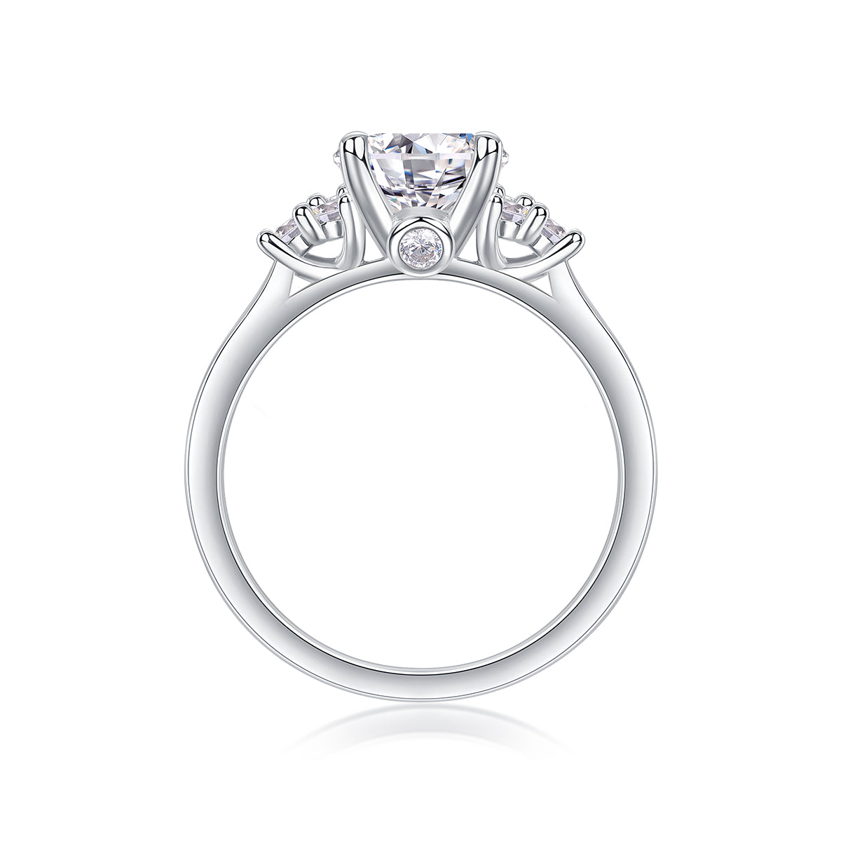 CARISSIE round moissanite solitaire ring, interior profile revealing smooth tapered shank and hidden gallery detail under the setting
