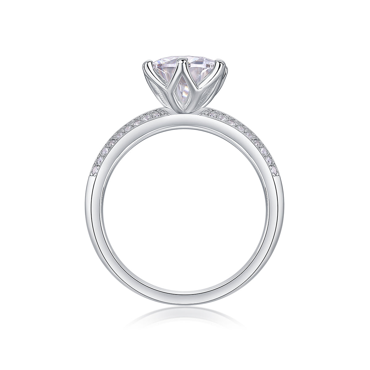 CARISSIE round moissanite solitaire ring, top-down view displaying the circular band profile and open gallery beneath the stone