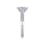 CARISSIE round moissanite solitaire ring, side profile emphasizing the height of the setting and dual rows of accent stones