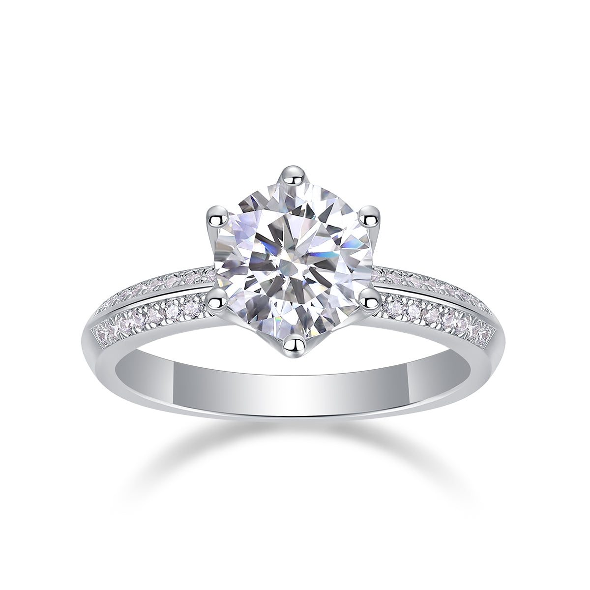 CARISSIE round moissanite solitaire ring, front view highlighting the large center stone and symmetrical pave shoulders