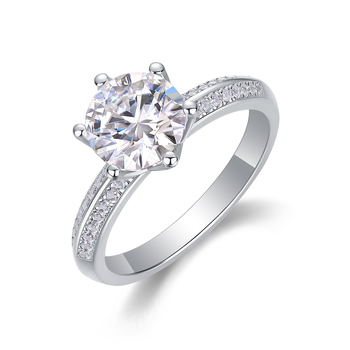 CARISSIE round moissanite solitaire ring, angled view showing six prong setting and split shank band with pavé stones