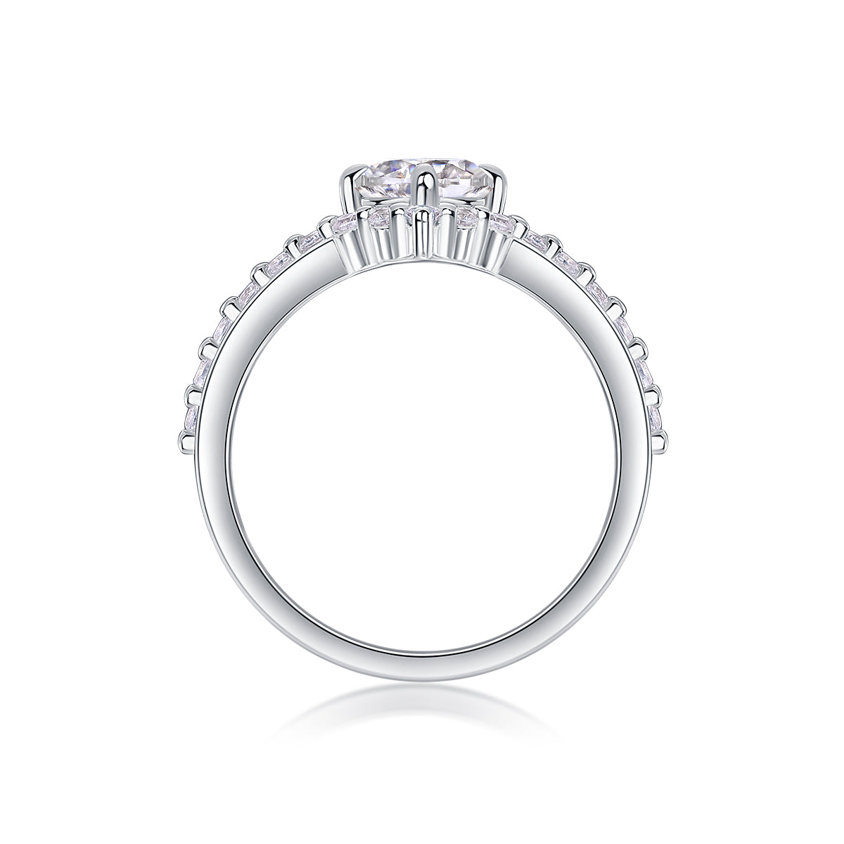 CARISSIE round moissanite solitaire ring, top-down view highlighting the circular shank and bead-set stones on shoulders