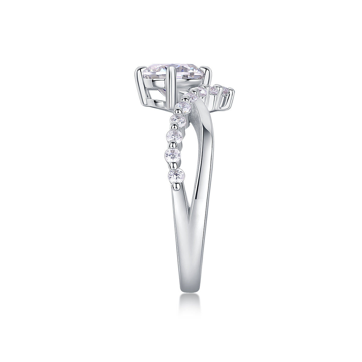 CARISSIE round moissanite solitaire ring, side profile revealing the V-shaped split shank design and prong setting details