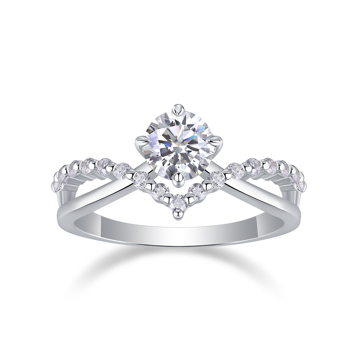 CARISSIE round moissanite solitaire ring, front view displaying the four-prong basket and symmetrical diamond-encrusted band