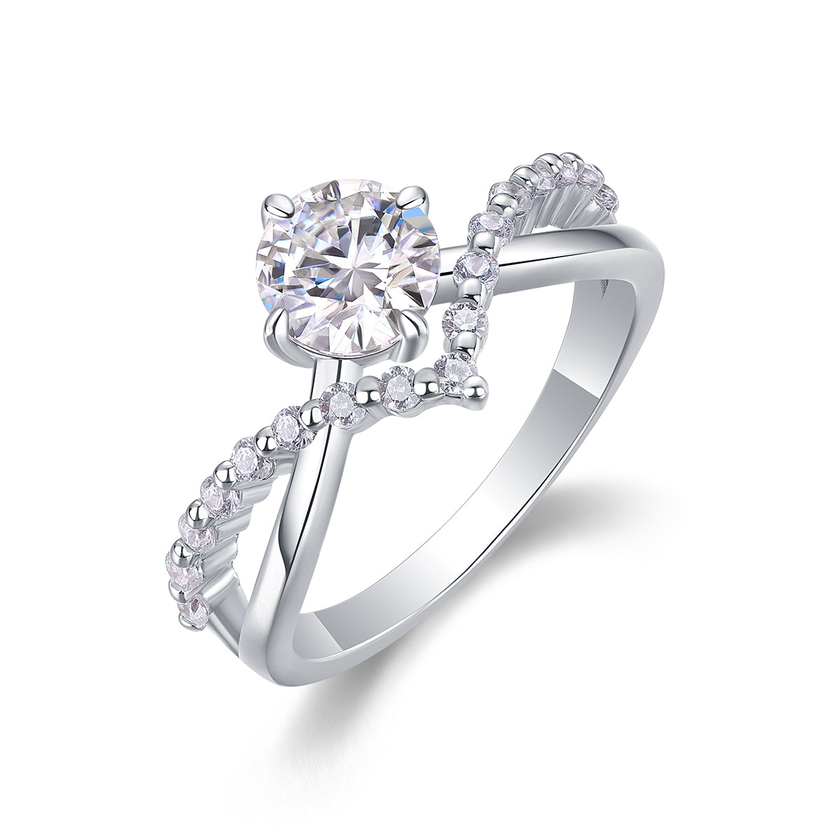 CARISSIE round moissanite solitaire ring, angled view showing twisted band with pavé accents and brilliant center stone