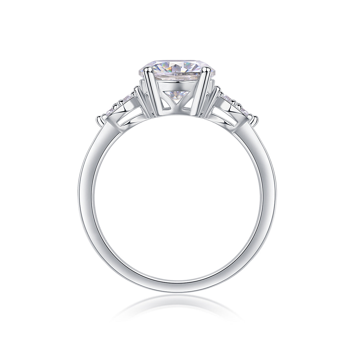CARISSIE round moissanite solitaire ring, side profile revealing high-set gallery and structural details of the prongs