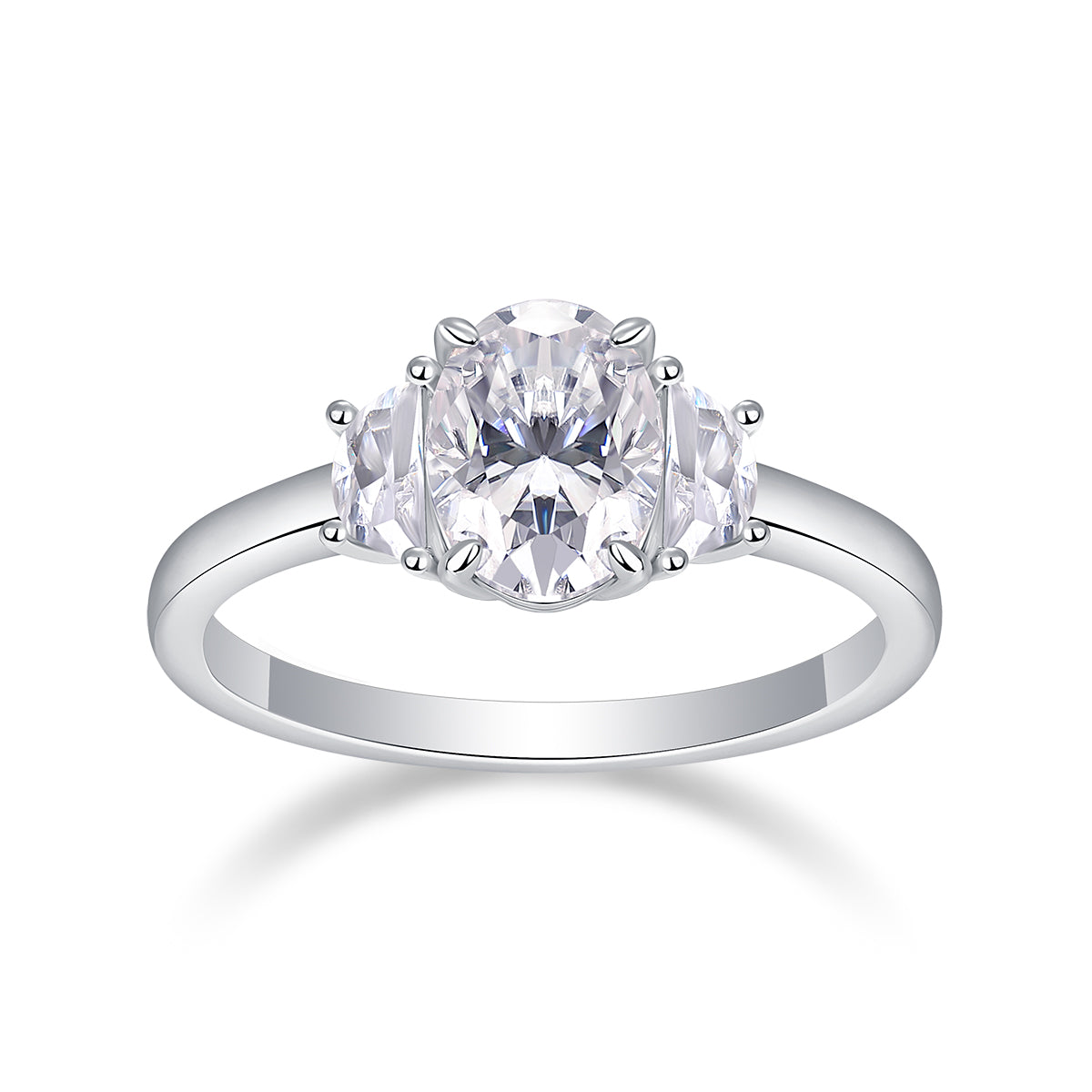 CARISSIE oval moissanite solitaire ring, direct front view displaying the three-stone arrangement and polished silver-tone band
