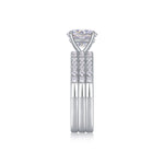 CARISSIE round moissanite solitaire ring set, vertical side view displaying the alignment of the three stacked silver-tone bands