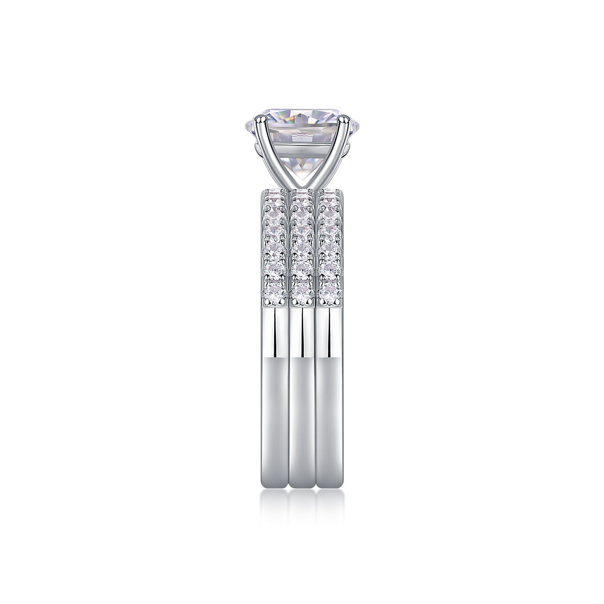 CARISSIE round moissanite solitaire ring set, vertical side view displaying the alignment of the three stacked silver-tone bands