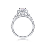 CARISSIE emerald cut moissanite halo ring bottom view, illustrating the open gallery and interior pavé stone setting
