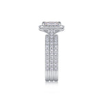 CARISSIE emerald cut moissanite halo ring side profile, demonstrating the height of the setting and three-row band width