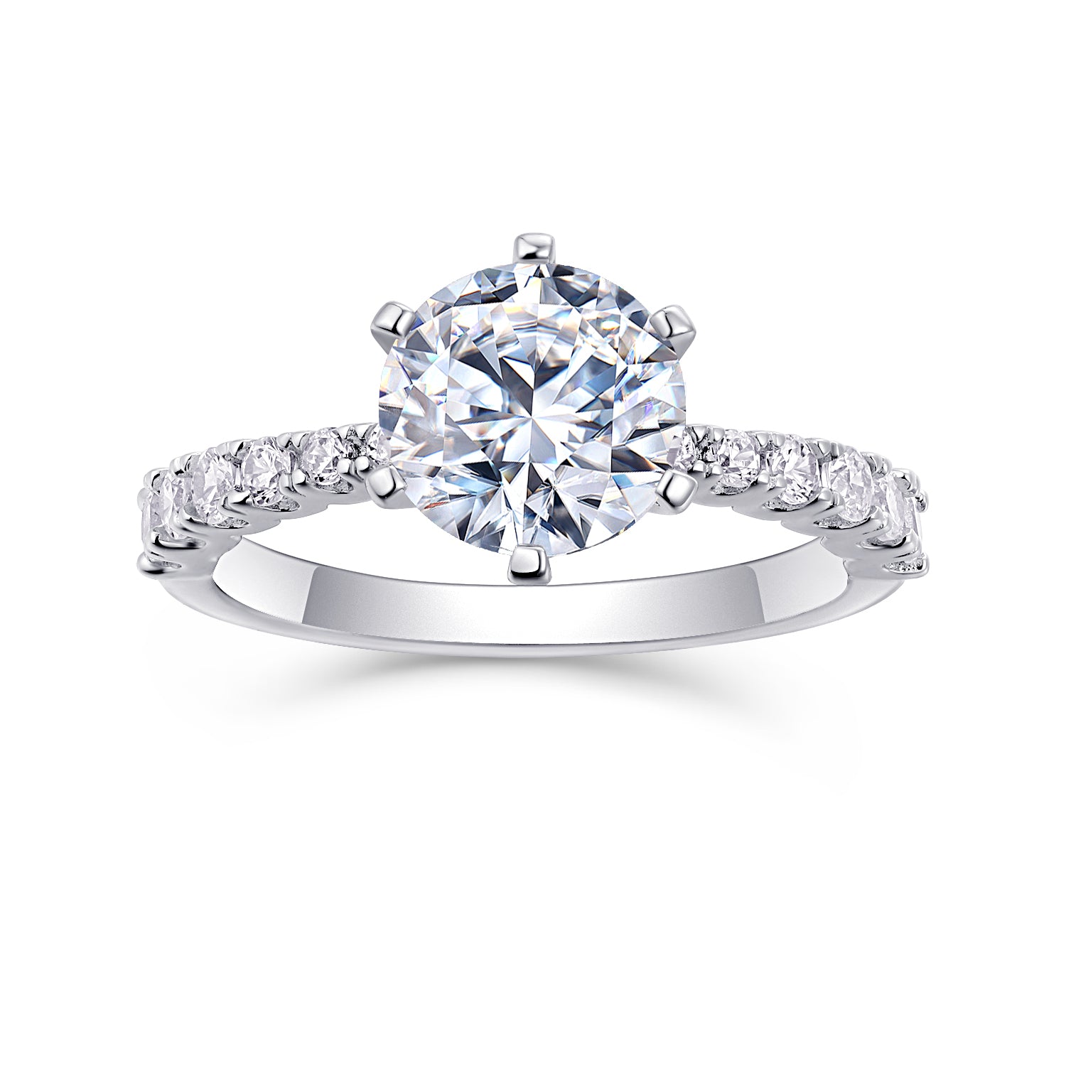 CARISSIE round moissanite solitaire ring, front profile showcasing six-prong setting and symmetrical side stones