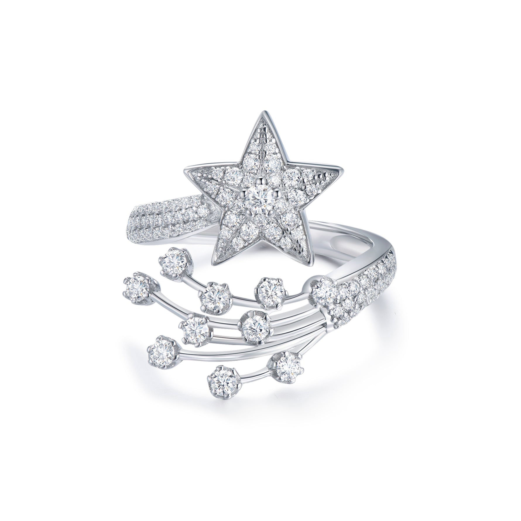 CARISSIE round moissanite cluster engagement ring, front view on white background showcasing the celestial diamond trail
