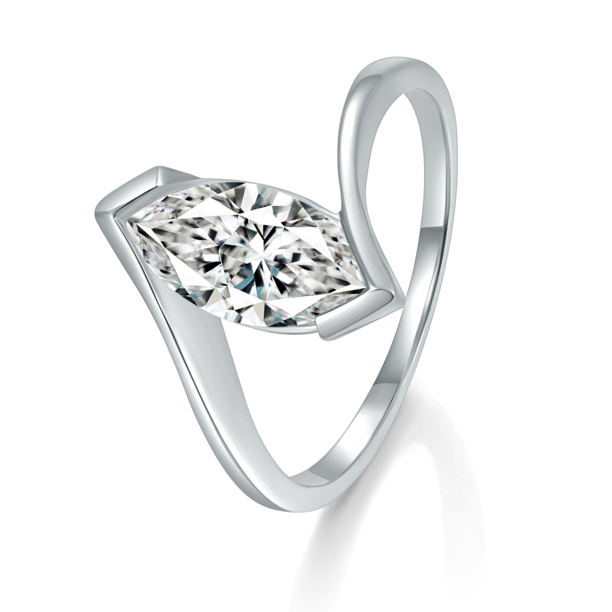 CARISSIE marquise tension ring, angled view highlighting the floating stone and polished white metal band curves
