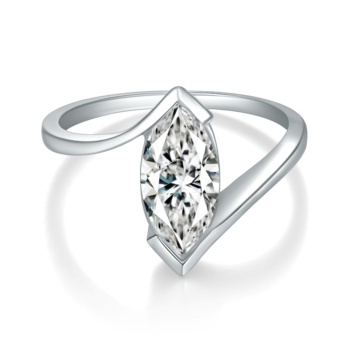 CARISSIE marquise engagement ring, top-down perspective displaying the elongated cut facets and open shank design