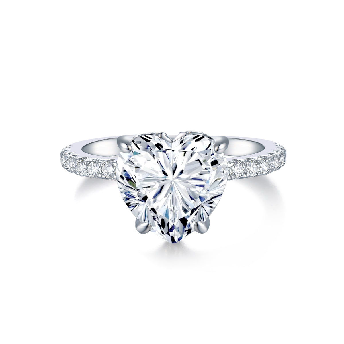CARISSIE heart solitaire engagement ring, direct front view on white background emphasizing the symmetrical heart shape
