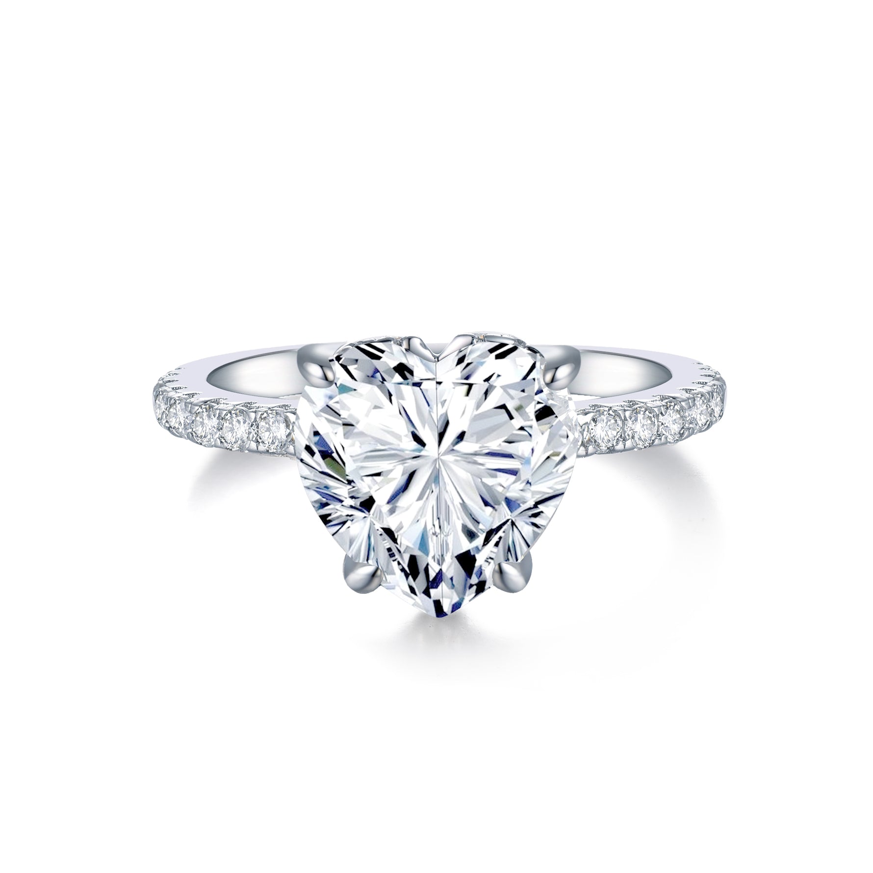 CARISSIE heart solitaire engagement ring, direct front view on white background emphasizing the symmetrical heart shape