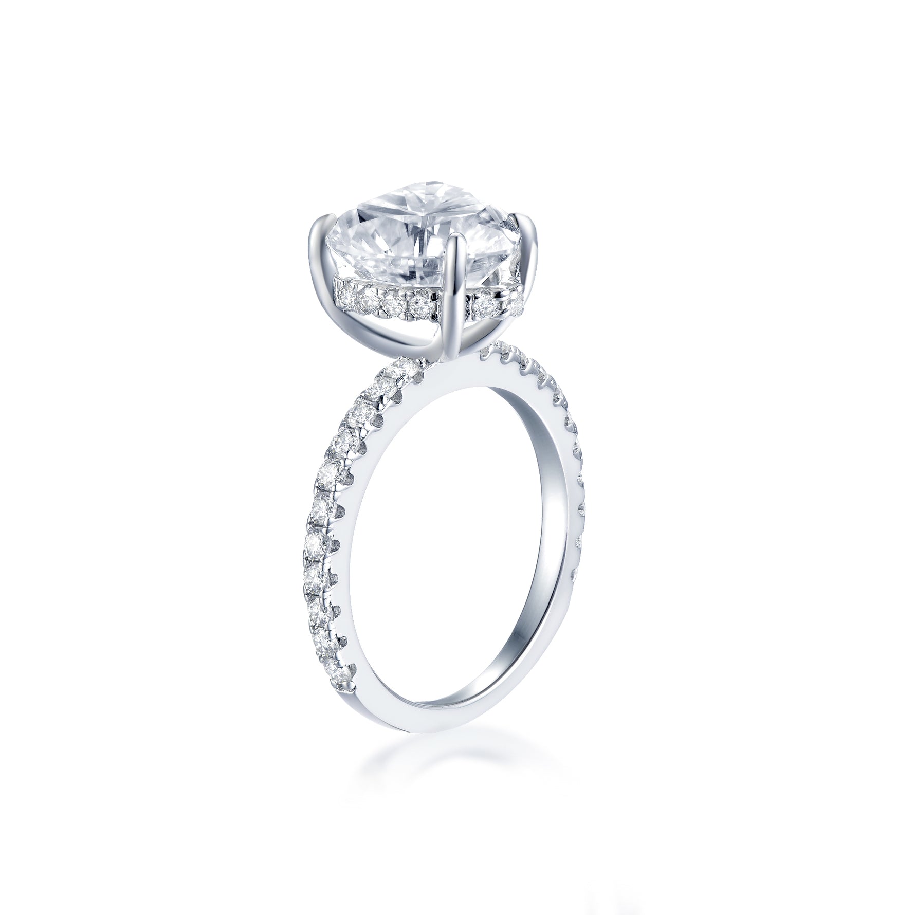 CARISSIE heart solitaire engagement ring, vertical side profile revealing the open gallery beneath the prongs