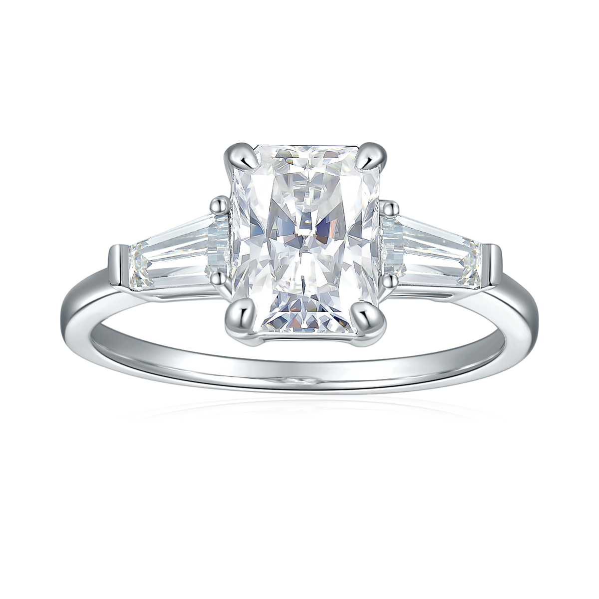 CARISSIE white gold style ring, direct front view showcasing the symmetrical arrangement of the central radiant stone and flanking baguettes