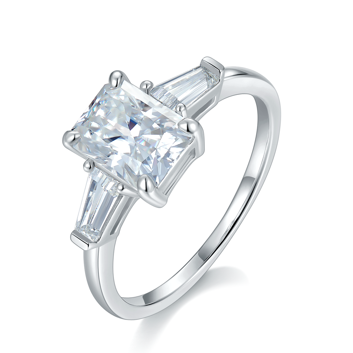 CARISSIE radiant solitaire engagement ring, close-up diagonal shot revealing the intricate faceting of the center stone and side accents