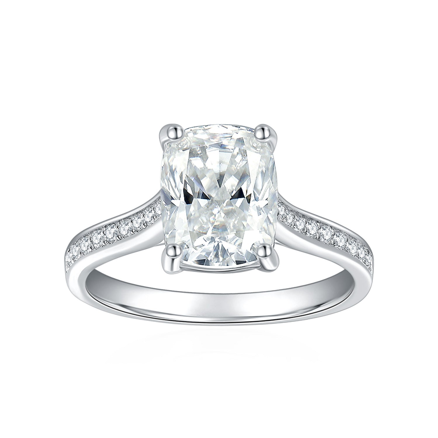 CARISSIE cushion solitaire engagement ring, close-up view detailing the four-prong setting and sparkling accent stones