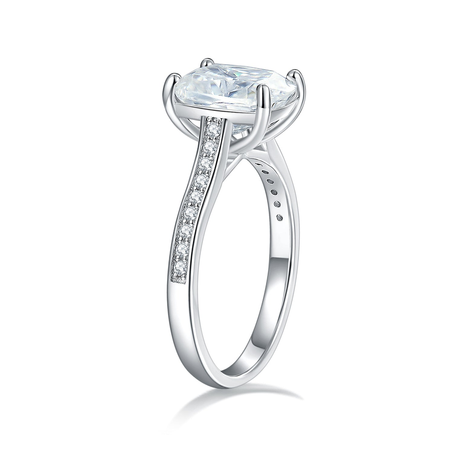 CARISSIE cushion solitaire engagement ring, side profile revealing the open gallery structure and row of pave-set gems