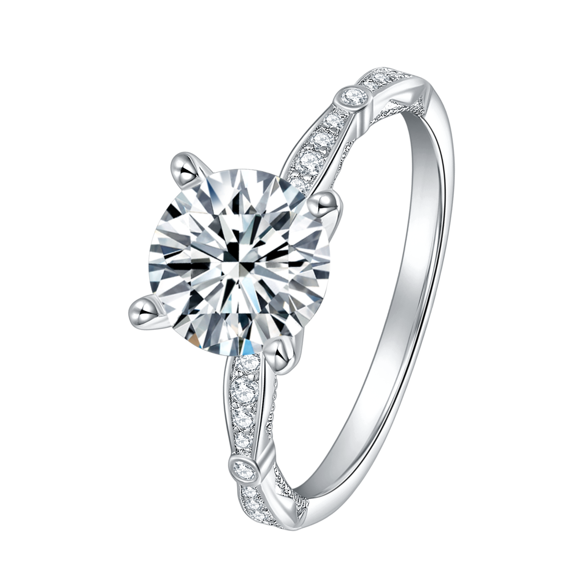 CARISSIE round moissanite solitaire ring, angled close-up highlighting brilliant center stone and pavé split shank band