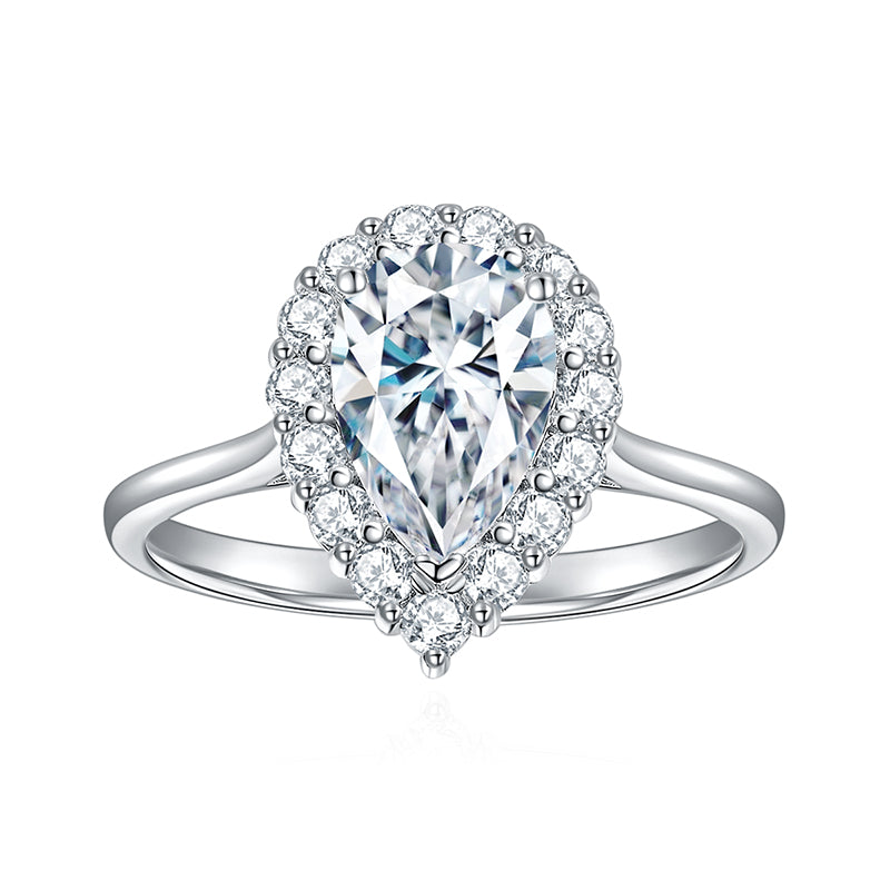 CARISSIE pear moissanite halo ring, close-up front view showcasing the detailed pavé stones in the halo and split band structure