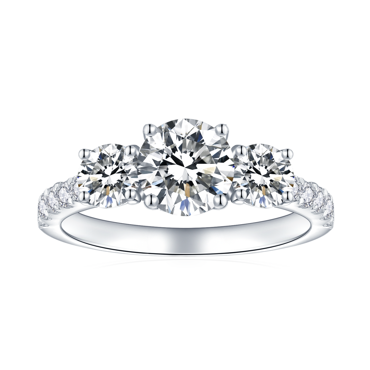 CARISSIE round moissanite solitaire ring, front view showing three-stone design with pavé band details