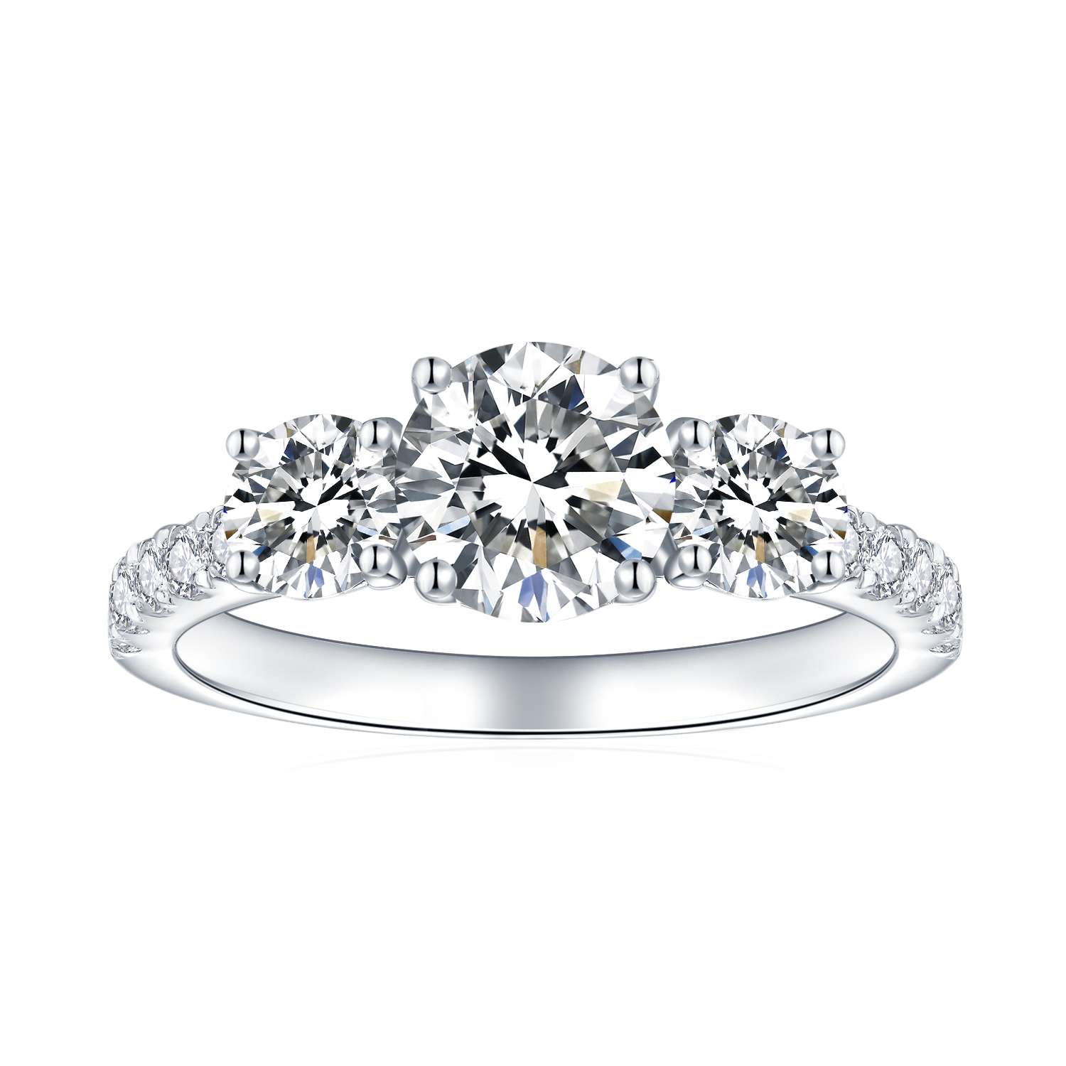 CARISSIE round moissanite solitaire ring, front view showing three-stone design with pavé band details