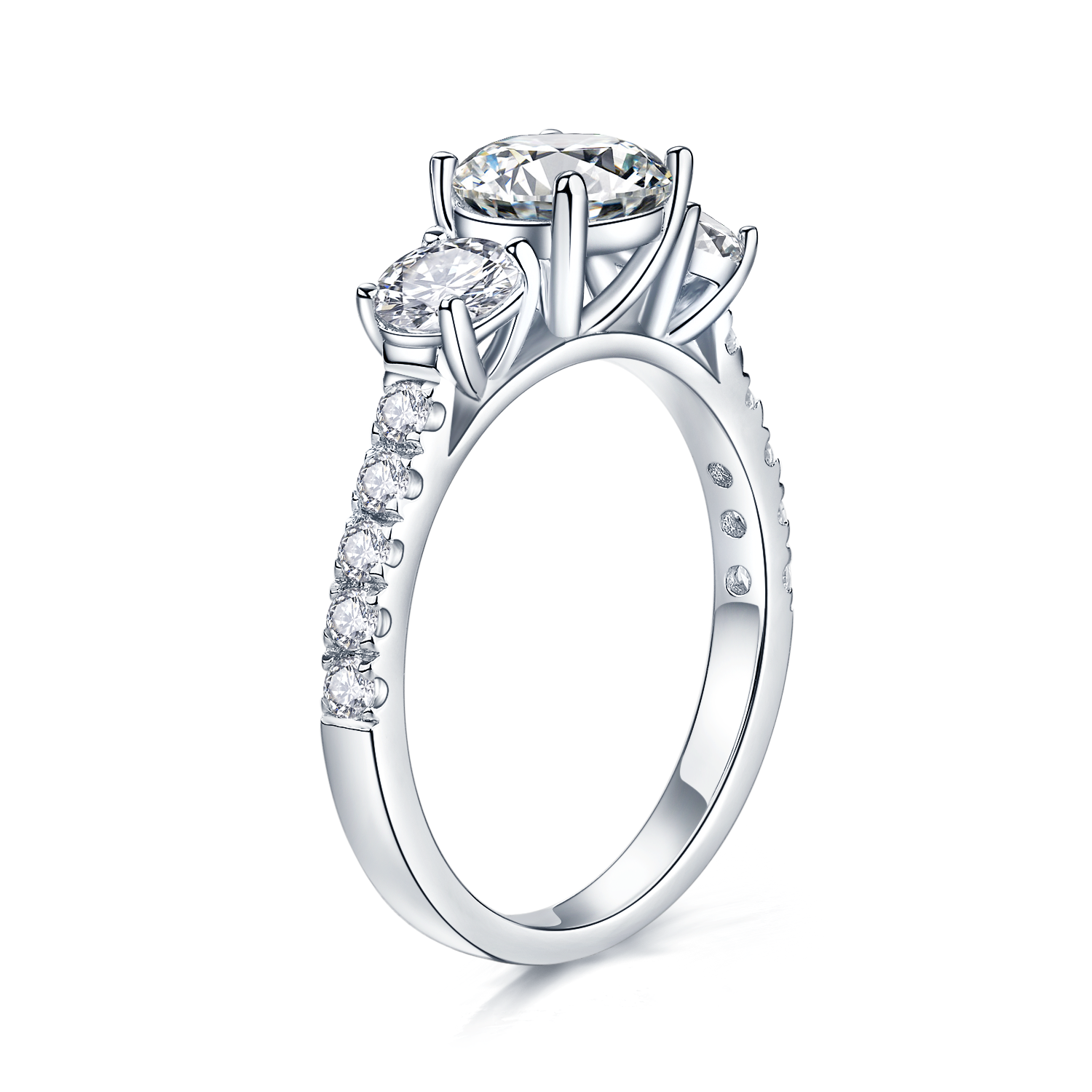 CARISSIE round moissanite solitaire ring, side profile highlighting prong setting and half eternity accent stones