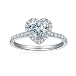 CARISSIE heart moissanite halo ring, straight-on studio shot revealing clear facets of the center stone and full halo
