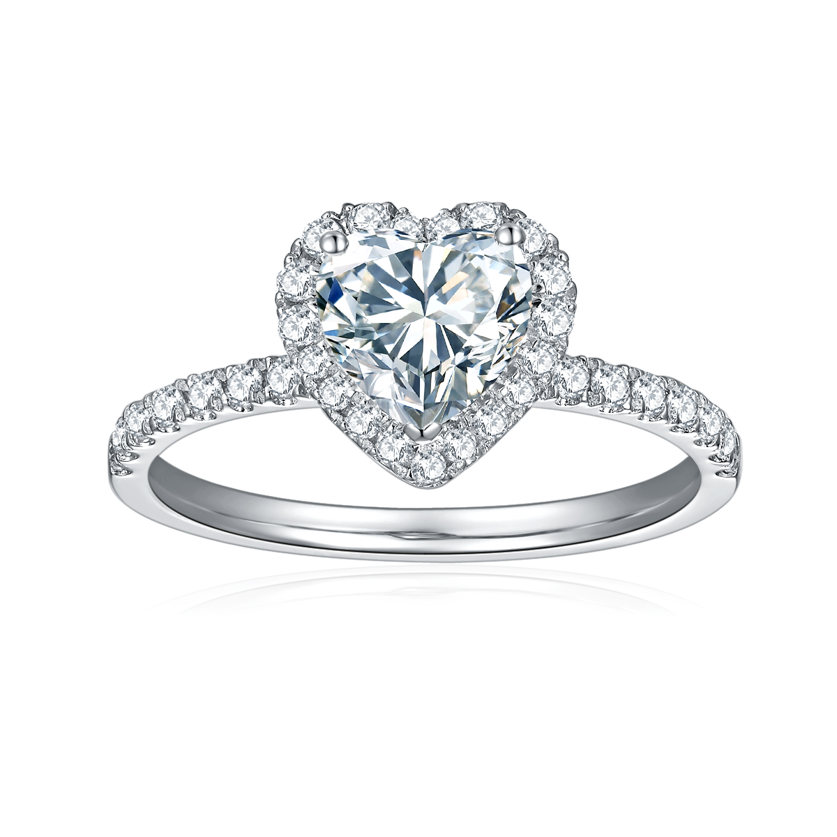 CARISSIE heart moissanite halo ring, straight-on studio shot revealing clear facets of the center stone and full halo