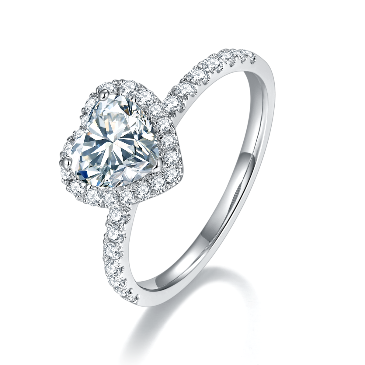 CARISSIE heart moissanite halo ring, close-up perspective focusing on the texture of the accent stones along the shank