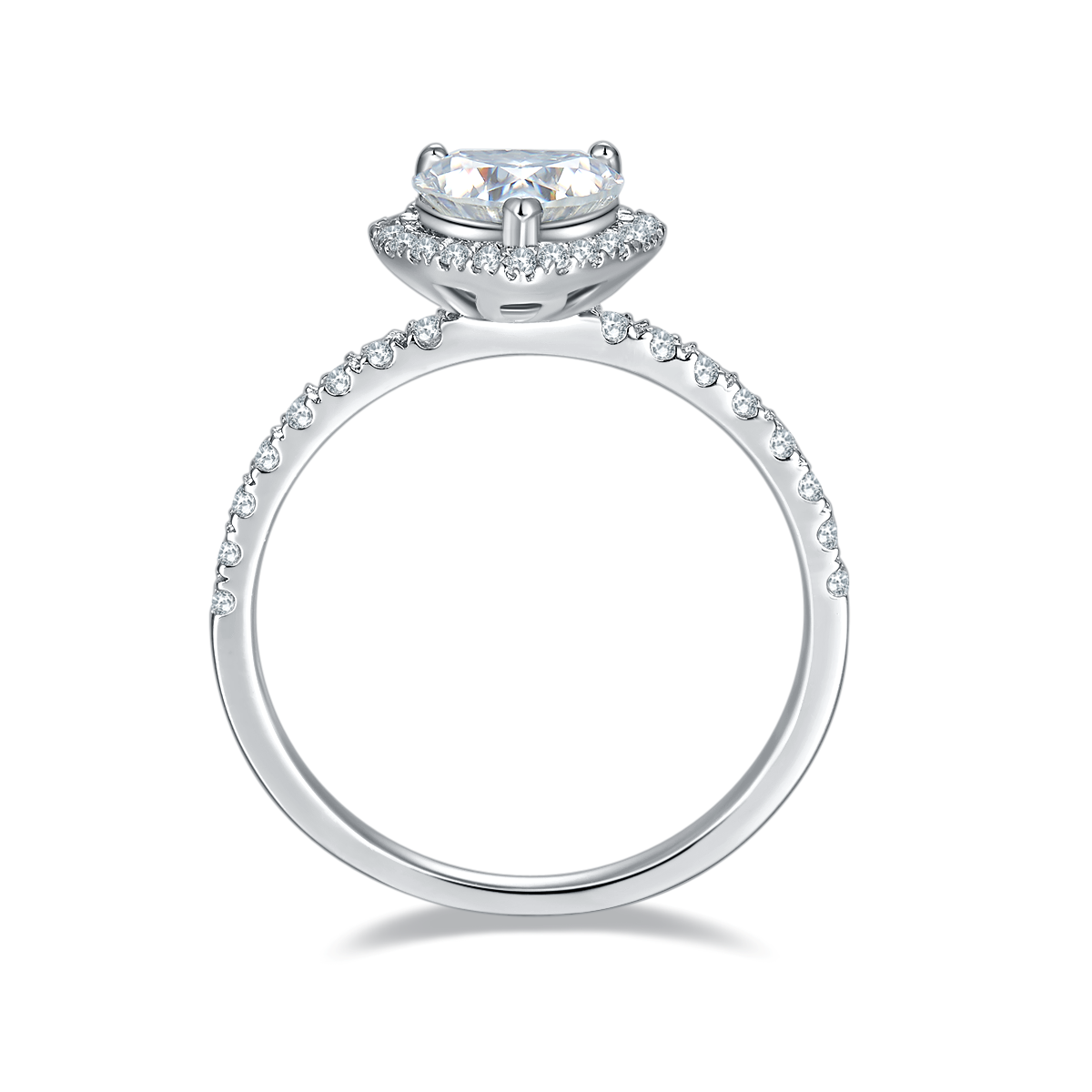 CARISSIE heart moissanite halo ring, top-down view showcasing the circular arrangement of the pavé band and inner gallery
