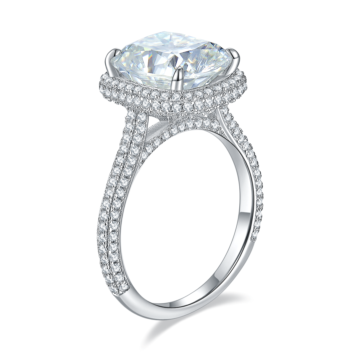 CARISSIE cushion moissanite halo engagement ring, side profile view emphasizing four-prong setting height and inner band smoothness