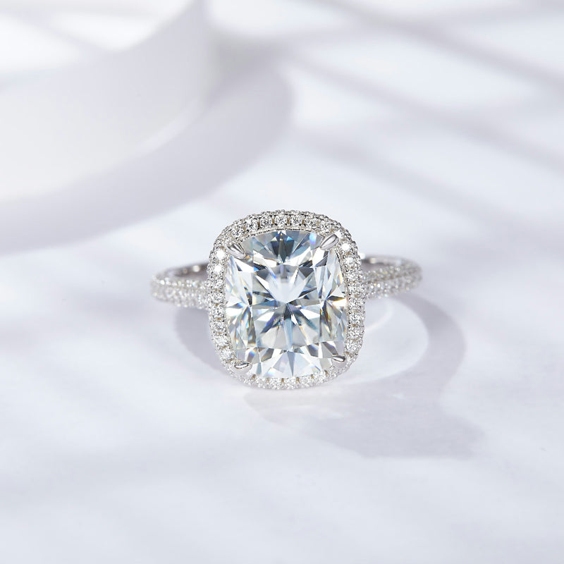 CARISSIE cushion moissanite halo engagement ring, front view displaying large center stone and double halo in silver-tone setting