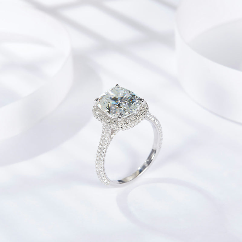 CARISSIE cushion moissanite halo engagement ring, angled side profile highlighting split shank band encrusted with pavé stones