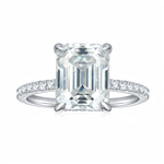 CARISSIE emerald cut solitaire engagement ring, studio shot emphasizing clarity of center stone against white background