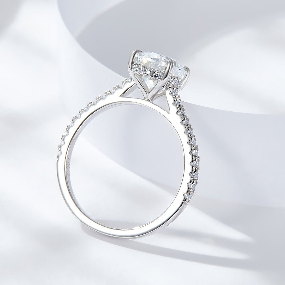 CARISSIE oval moissanite solitaire ring, interior view revealing smooth polished shank and S925 sterling silver hallmark stamp