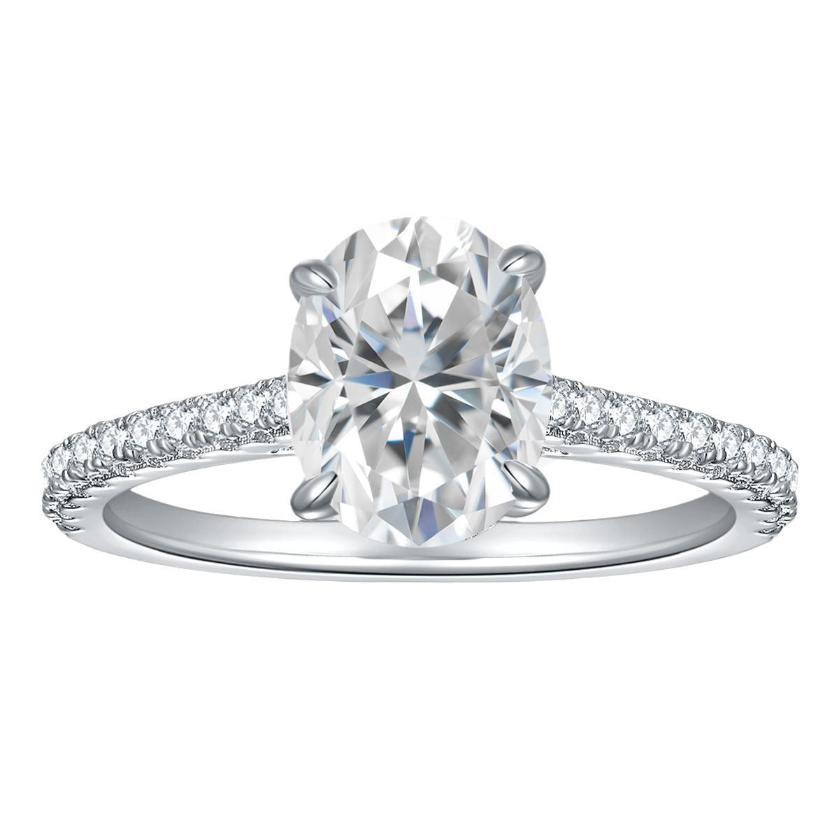 CARISSIE oval moissanite solitaire ring, front view showing large center stone and pavé diamond band in white metal setting