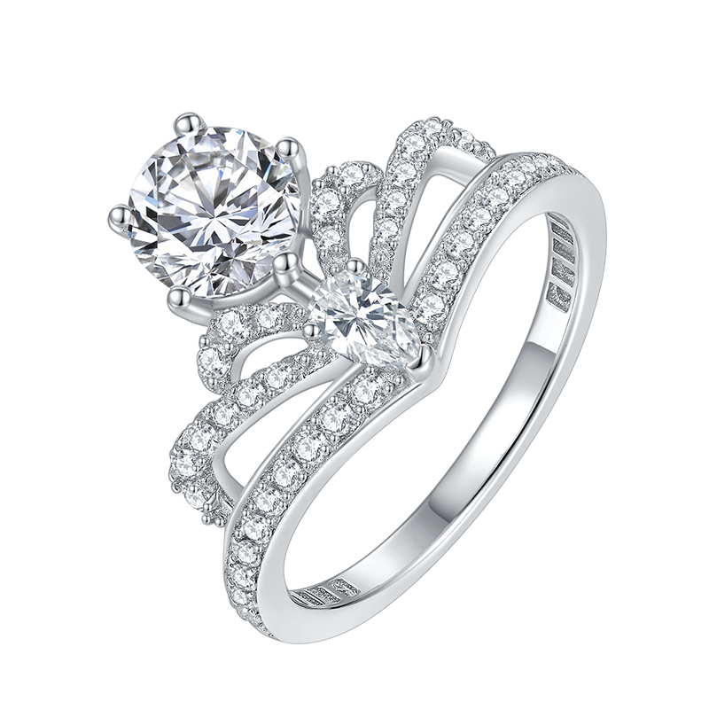 CARISSIE round moissanite solitaire ring, high-angle view highlighting the openwork crown gallery and pavé band details