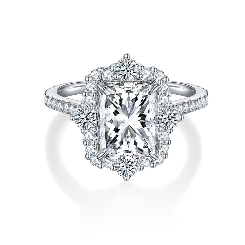 CARISSIE radiant moissanite halo engagement ring, top-down view highlighting the floral halo pattern