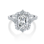 CARISSIE radiant moissanite halo engagement ring, top-down view highlighting the floral halo pattern