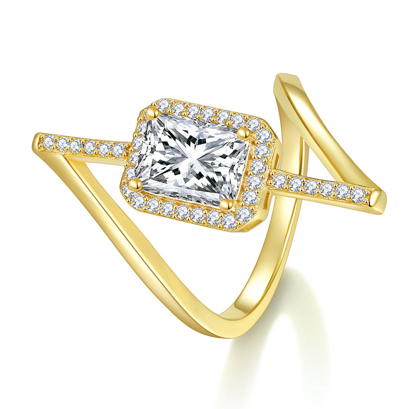 CARISSIE radiant solitaire engagement ring, side profile displaying geometric split shank design and prong setting details